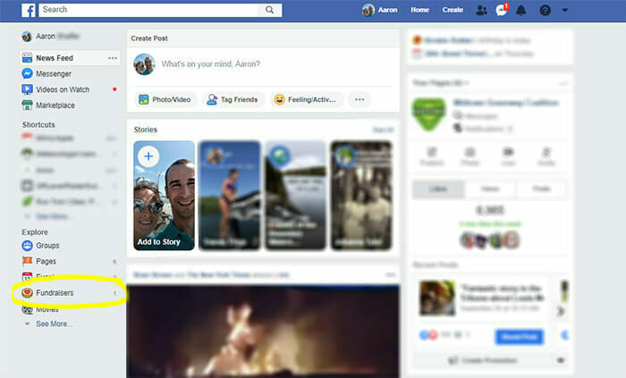1) Open Facebook on your computer's web browser and click the "Fundraisers" button the left hand side to create a facebook fundraiser.