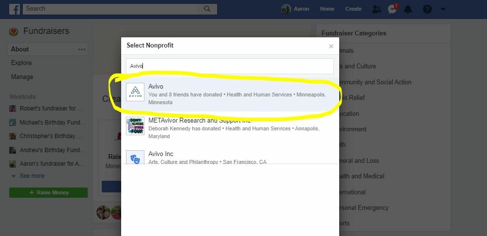 3) Search for Avivo, or your favorite nonprofit, and click on their name to continue creating a Facebook fundraiser.