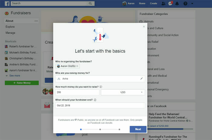 4) Verify that you've selected the correct nonprofit to support when you're creating a Facebook fundraiser, then select your goals and when your fundraiser should end: