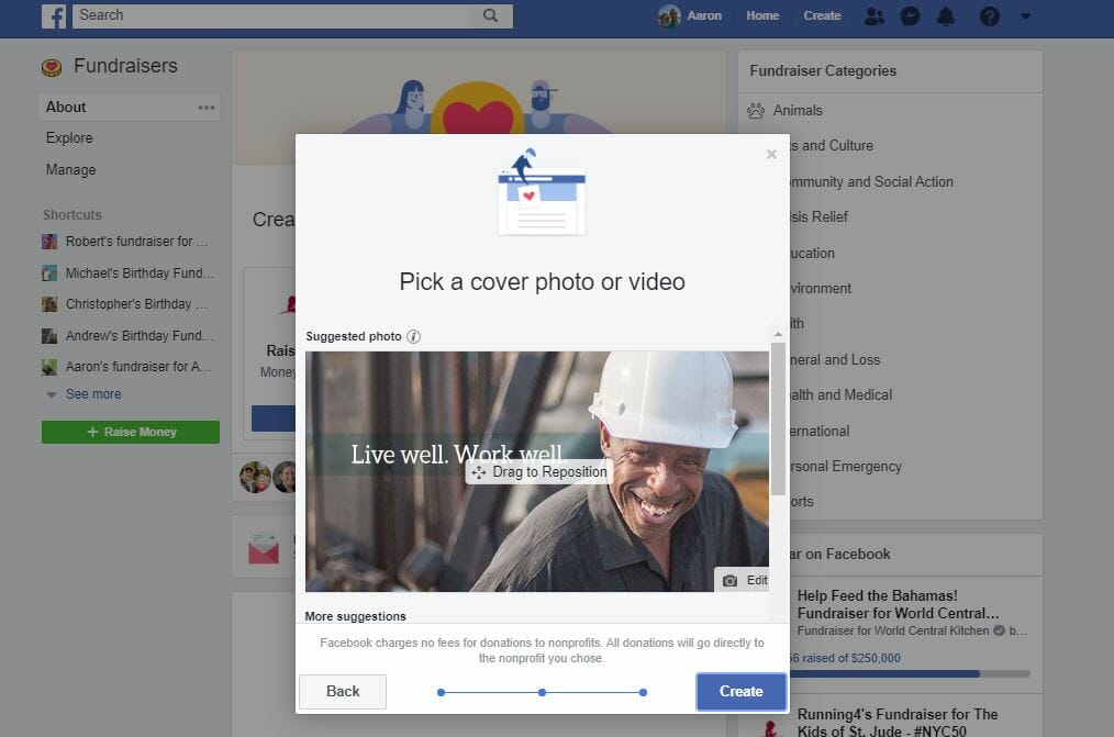 6) Finally, you'll choose an image for your fundraiser. After you're happy with either the default image, or have uploaded your own, you'll click the "Create" button and your fundraiser will have started!