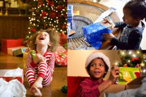 Image collage showing three children receiving gifts.