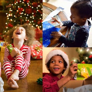 Image collage showing three children receiving gifts.