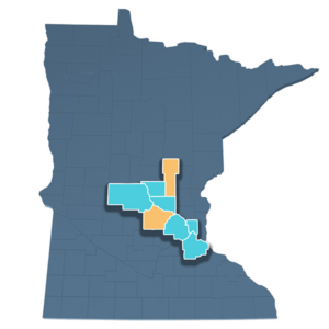 Map showing the state of Minnesota, with counties Avivo provides MFIP services highlighted, including two new counties as of 2024, Mille Lacs and Wright Counties