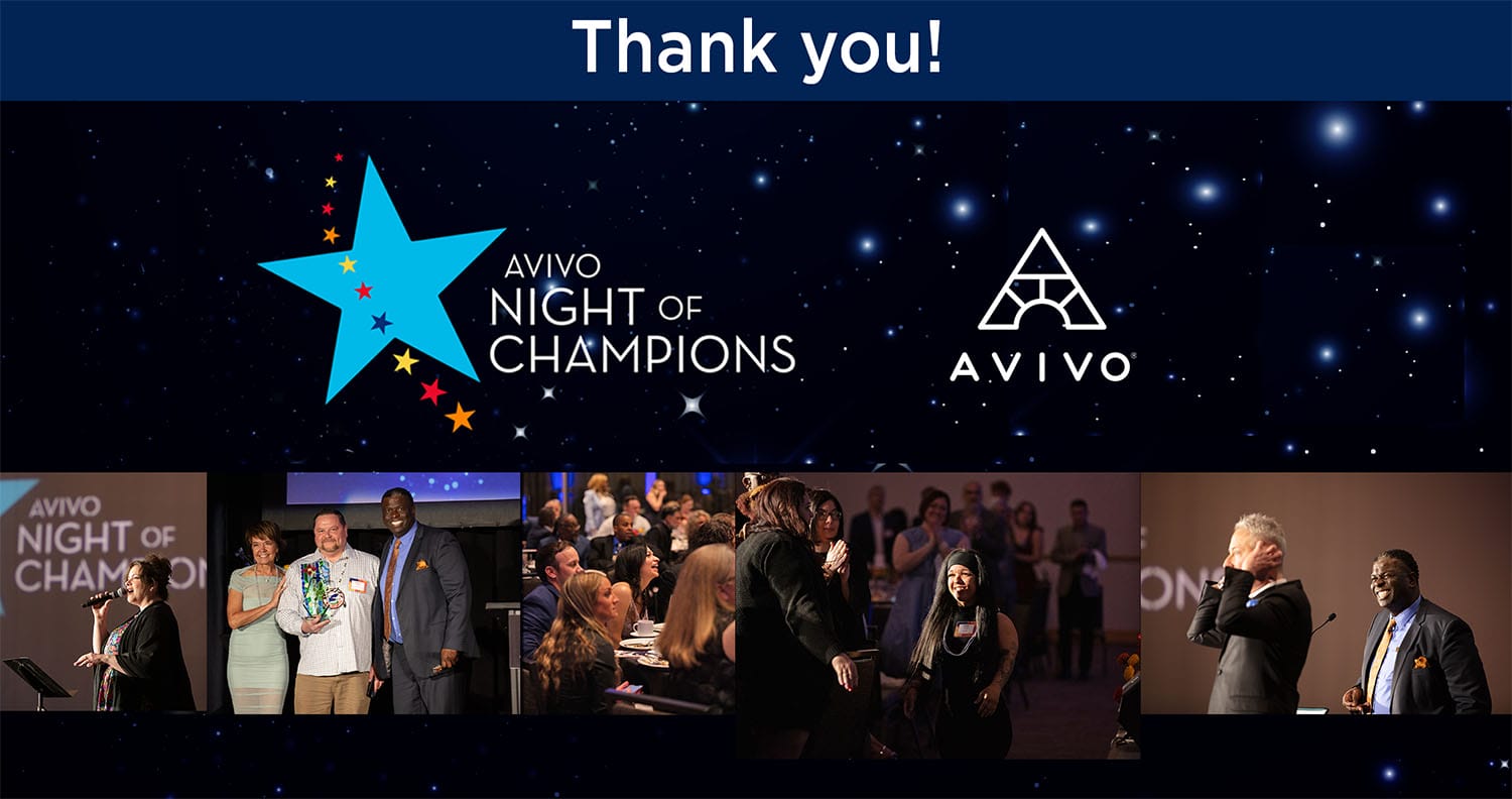 Avivo Night of Champions graphic with event logo, Avivo logo, and photos from 2025's Avivo Night of Champions event.