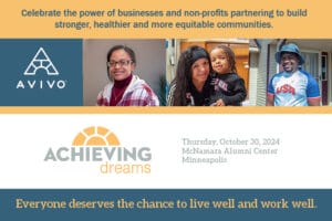 Achieving Dreams Breakfast header graphic, with photos of three Avivo success stories and the Achieving Dreams logo