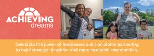 Achieving Dreams Breakfast header graphic, with photos of two Avivo graduates who have experienced success and the Achieving Dreams logo
