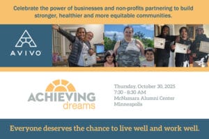 Achieving Dreams Breakfast header graphic, with photos of three Avivo success stories and the Achieving Dreams logo