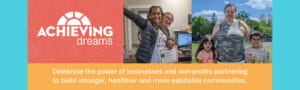 Achieving Dreams Breakfast banner with a logo and photos of people.