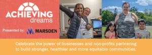 Achieving Dreams Breakfast banner with a logo and photos of people.