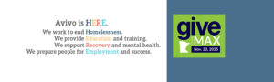 Decorative text banner with Give to the Max Day 2025 logo and Avivo is HERE decorative text.